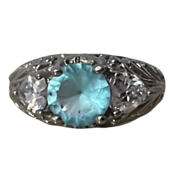 Elegant Art Deco Sterling Silver Aquamarine & White Sapphire Gemstone Ring - Picture 3 of 13